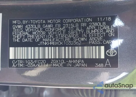2019 Toyota C-Hr Le from USA, damaged, VIN JTNKHMBX0K1032362